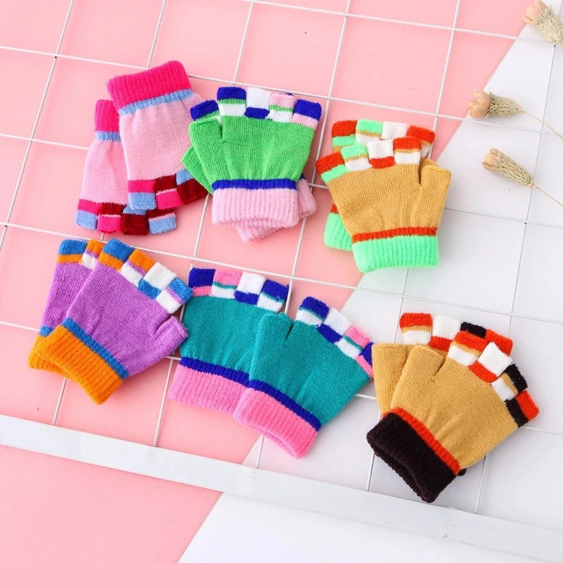 2-6 Years Winter Warm Knitting Gloves New Fashion Candy Colors Children Kids Baby Girls Boys Soft Patchwork Half Finger Mittens