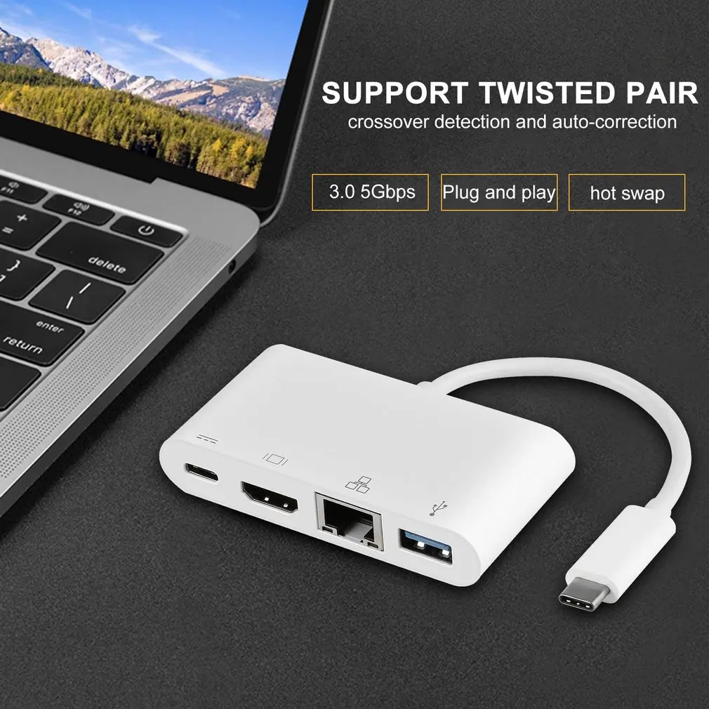 Белый простой в использовании и переноске USB 3,1 type-C к USB 3,0+ HDMI(1080 p@ 60 HZ)+ Gigabit Ethernet+ type-C адаптер для зарядки