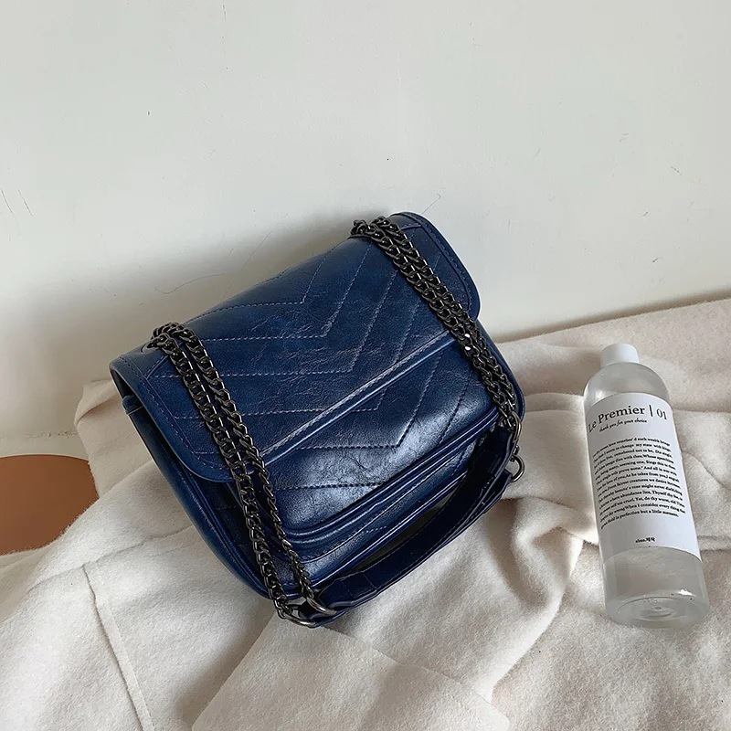 26 CM Blue Модные Винтаж женский квадратный мешок высокое качество масла кожа Для женщин Дизайнерская обувь с цепочкой Сумочка на плечо, Сумочка через плечо сумка-мессенджер, женские сумочки - Цвет: 26 CM Blue
