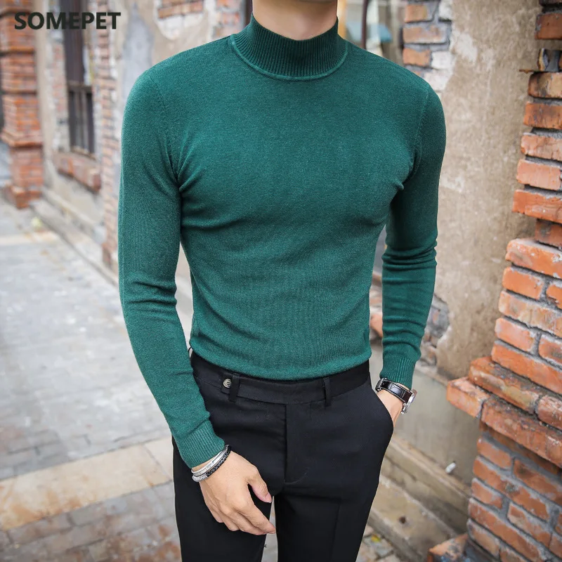 

2020 Men's Sweater Pure Color Knitting Pullover for Male Long Sleeves Semi-high Neck Casual In The Collar Sweater