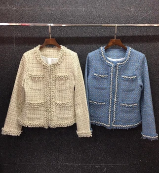 

2020 Early Autumn New Women's round Neck Heavy Industry Beaded Woven Edge Symmetrical Pocket Woolen Cropped Jacket 903