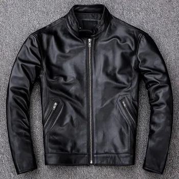 

Black Real Leather Jacket Men Fashion Moto Mens Jackets Large Size 4XL Stand Zipper Sheepskin Coat Autumn Outwaer Free Shipping