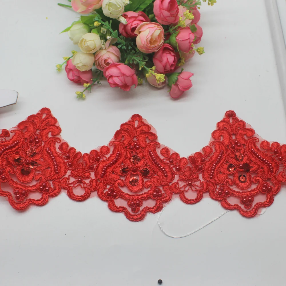 Preise Perlen Blume Spitze 3D Pailletten Hochzeit Spitze 2 Yds Lot Gold Bestickt Trimmt Scalloped Spitze Applique Blume Grenze 11CM