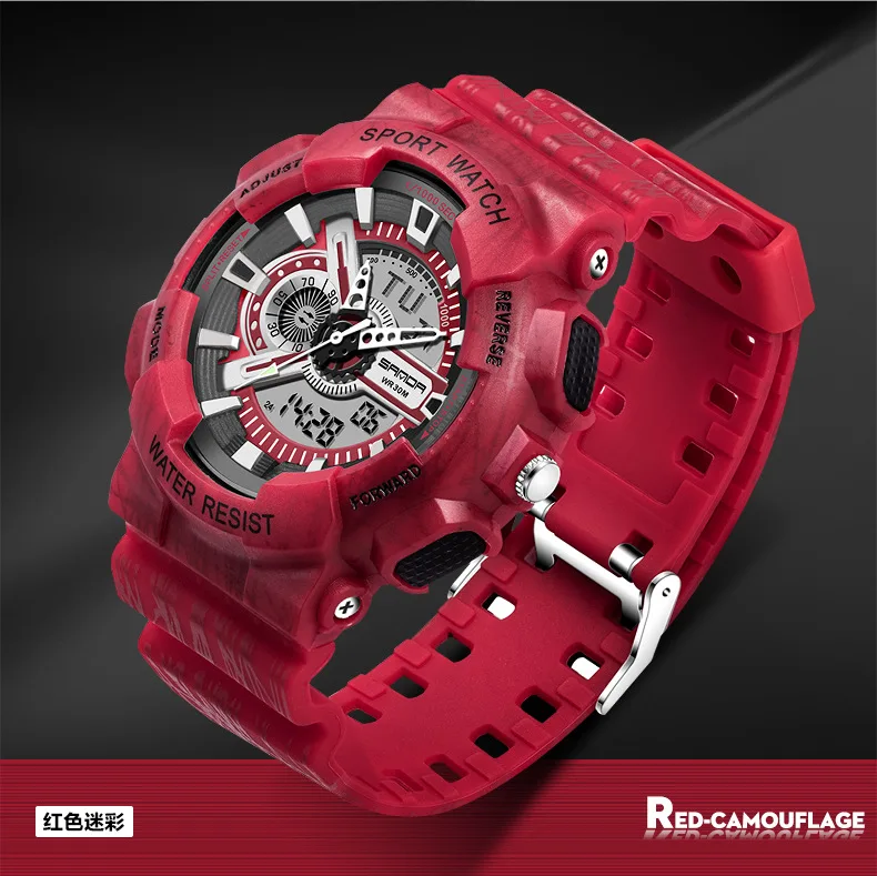 Red Камуфляжные многофункциональные светящиеся электронные часы водонепроницаемые спортивные парные часы - Цвет: Red
