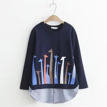 

Plus size Two false pieces patchwork hoodies women O-Neck dark blue Giraffe print sweatshirt 2019 spring autumn ladies pullovers