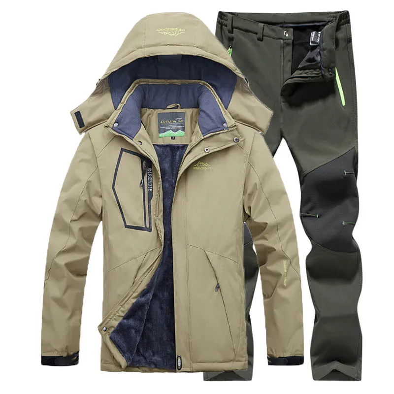 Khaki Green Мужская Флисовая наружная куртка софтшелл брюки костюм 5XL Кемпинг Треккинг Туризм Альпинизм катание на лыжах рыбалка зимние водонепроницаемые брюки - Цвет: Khaki Green