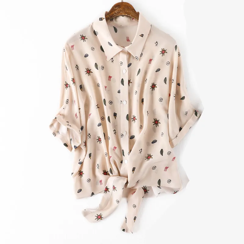 

Vintage Dots Printed Female Silk Blouse 100% Natural Silk Tops and Blouses Women's elegant V neck Short Sleeve Silk Blusas