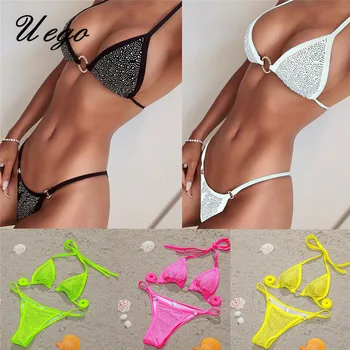 

Uego Bling Bling Crystal Diamond Sexy Micro Bikini Set Halter Ring Bandage Women Swimwear Thong Bikini Lady Beachwear Swimsuit