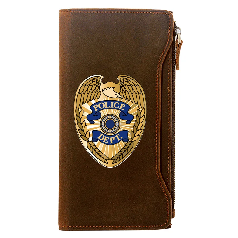 

Classic Vintage Police Badge Printing Genuine Leather Wallet Men Long Purse With Phone Bag Zipper Card Holder Clutch