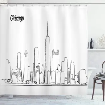 

Chicago Skyline Shower Curtain, Hand Drawn City Silhouette Downtown Free Hand Sketch of Panoramic Landmark, Cloth Fabric