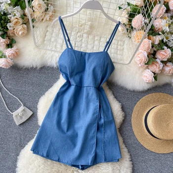 

Chic Holiday Sexy Halter Backless Women's Sleeveless New Fashion Stitching Wide Leg Denim Playsuits L772