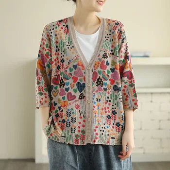 

Spring Summer jackets Retro Women Knitting Loose All-match Coat 2020 New Tops Cardigan V-Neck Button Print Casual jackets