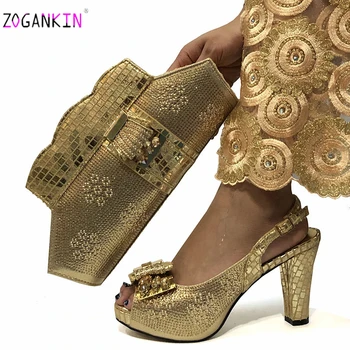 

New Arrival Spring Golden Sandals Shoes And Bags Set Fashion Italian Women High Heels Shoes And Bag Set For Evening Party