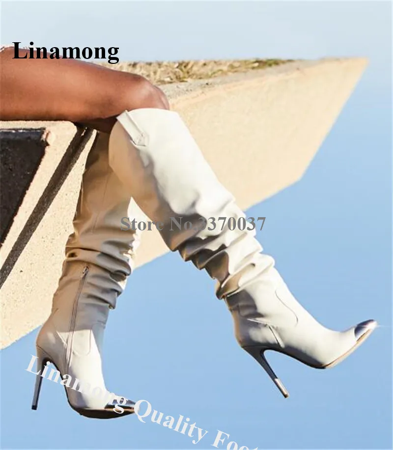Фирменный дизайн; женские остроконечный металлический носок; ботфорты на шпильке; высокие сапоги без шнуровки на высоком каблуке; цвет белый, черный; мотоботы