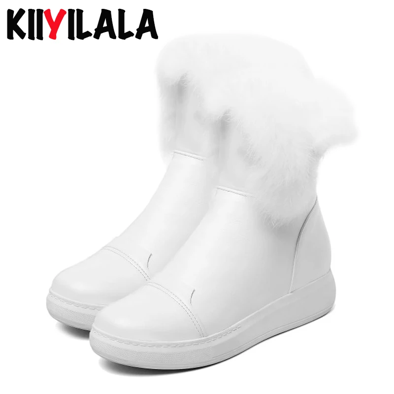 Kiiyilal/Новые теплые зимние ботинки на молнии сбоку зимняя обувь с натуральным кроличьим мехом женская обувь, увеличивающая рост Новые короткие плюшевые женские ботинки - Цвет: White