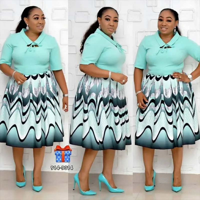African Dresses For Women Print Patchwork A-Line Dress Autumn Turn Down Collar Big Swing Dress High Quality Partyclub - Color: As Picture
