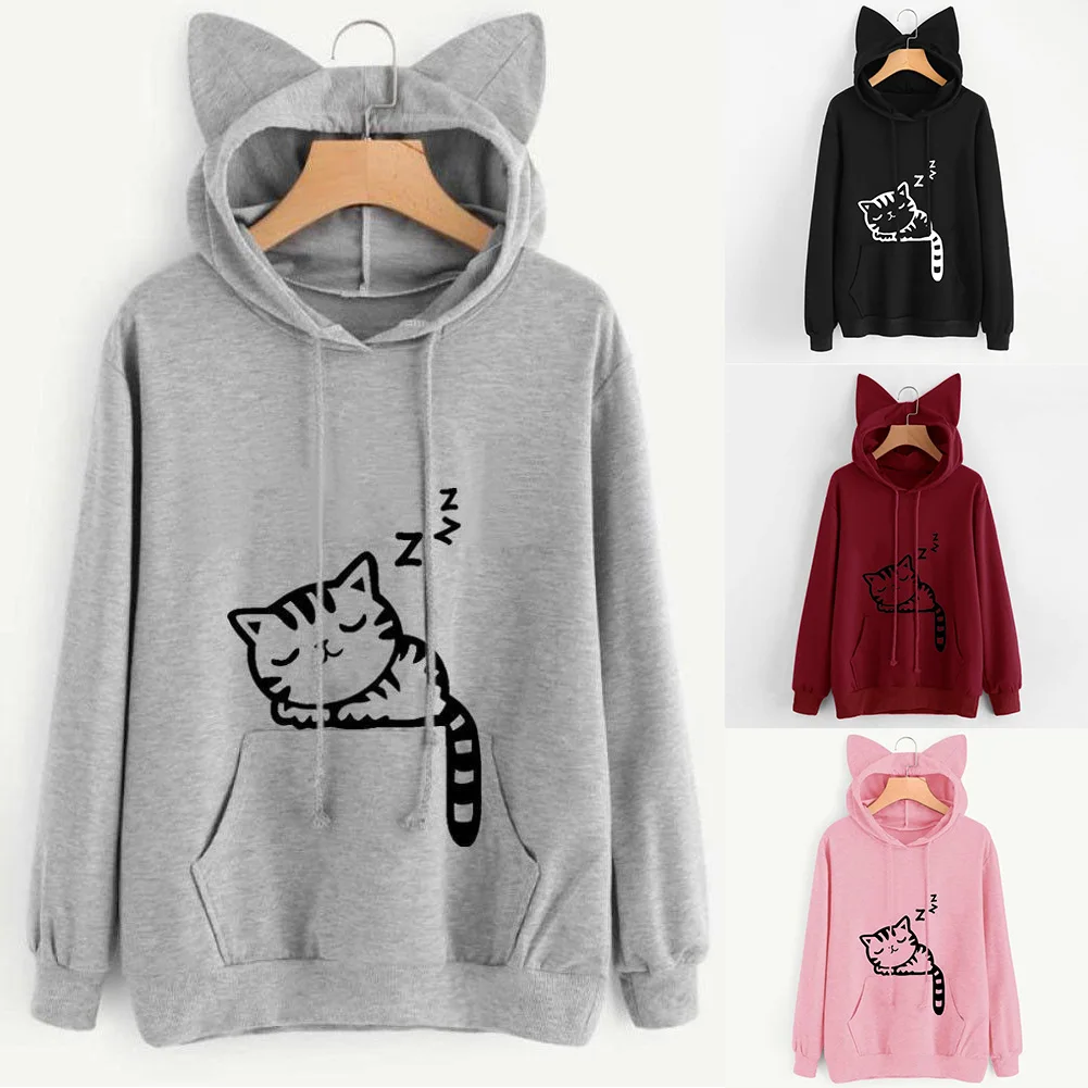 

Winter Soft Cat Ear Women Sweatshirt Autumn Hooded Cartoon Print Tops Long Sleeve Casual Loose Cute Drawstring Hoodie#734