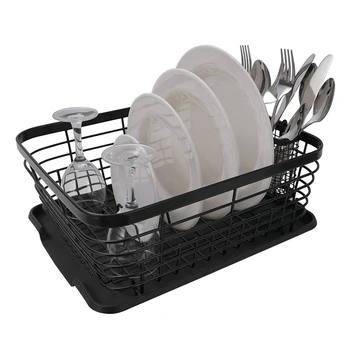 

Kitchen Dish Drainer Drying Rack with Drip Tray and Storage Basket Kitchen Sink Organizer Shelf Sink Drying Rack Black