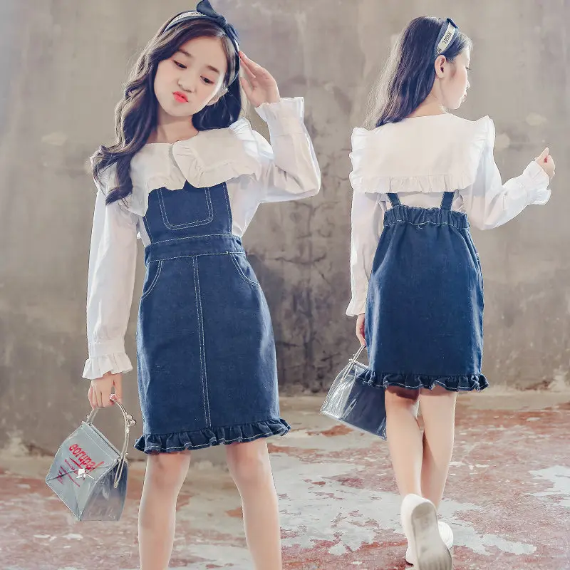 

2019 Children's Clothing Set For Girls Kids Clothing 6 8 12 Years Spring Blouse + Denim Overall Dress 2 Pcs Clothes Teen Girls