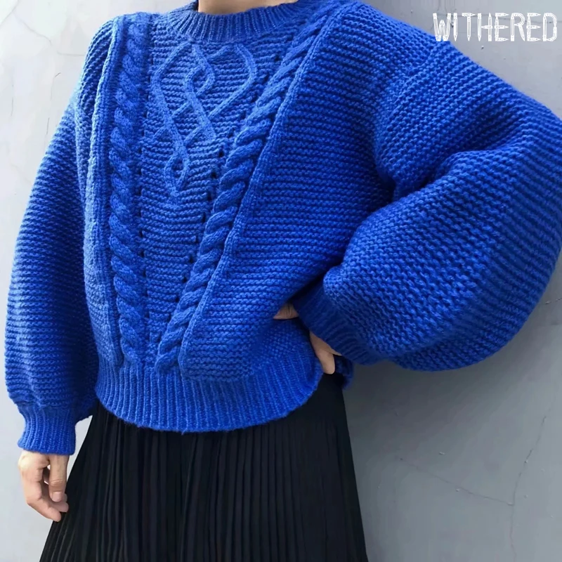 

Withered 2019 winter sweaters women england style vintage Twist knitting thick o-neck oversize sweaters women pullovers tops