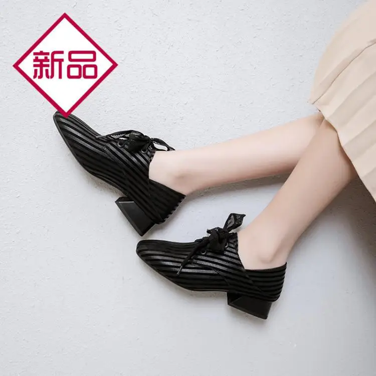 

2020 Spring New Style Europe And America Deep Mouth Genuine Leather Chunky-Heel WOMEN'S Shoes Versatile Square Head Lace-up Shee