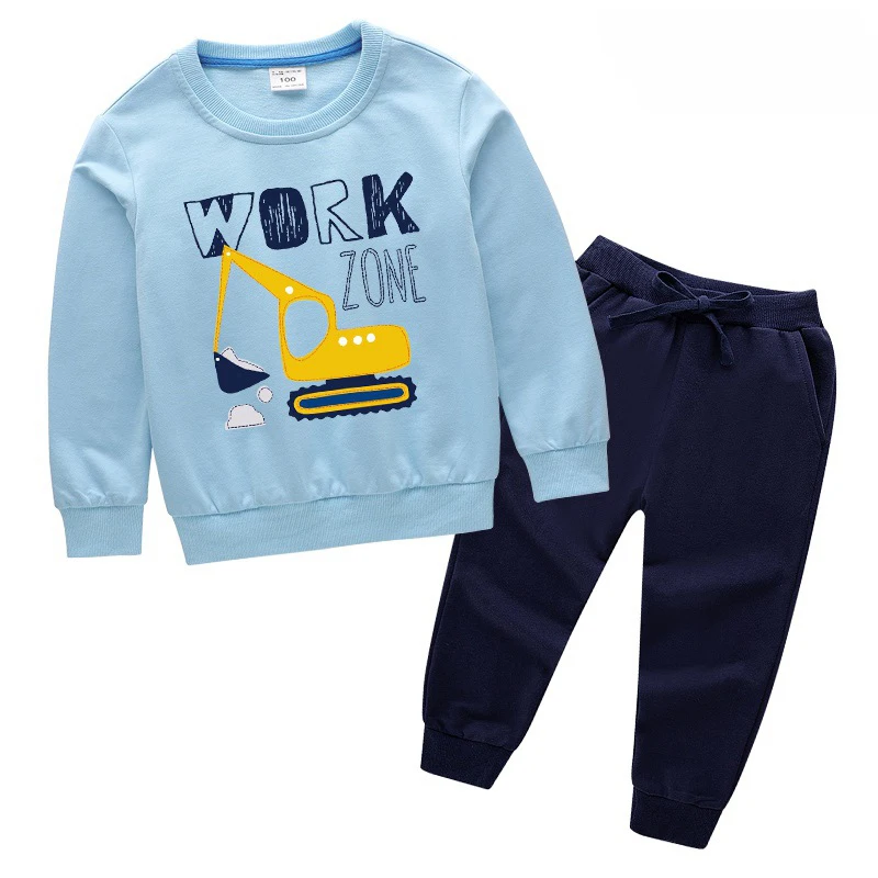 Light blue - navy Детский комплект из хлопка; детская одежда с рисунком экскаватора; Комплект для мальчиков; спортивная одежда для маленьких девочек; Детские комплекты - Цвет: Light blue - navy