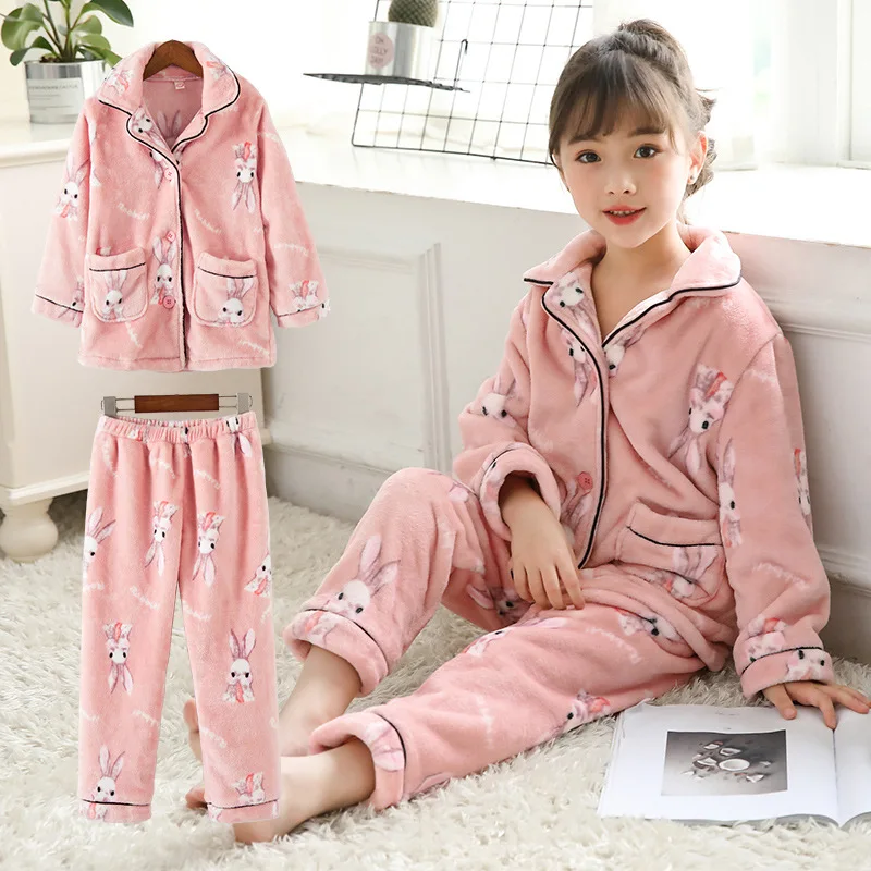 

2019 New Unisex Kids Winter Flannel Pajamas Sets Children Girl Warm Thick Fleece Jacket+pant Sleepwear Girls Home Clothing