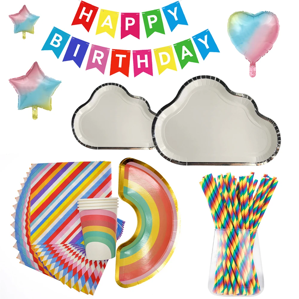 

Candy Colors Rainbow Disposable Tableware Set paper Plates Cups Wedding Birthday Party Banner balloons Decoration Supplies