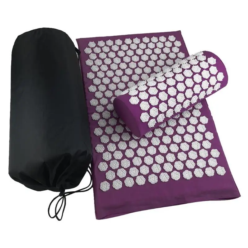 Massager Cushions Lotus Acupressure Mats Pillow Yoga Mats Relieve Back Pain Spike Mat Head Neck Foot Anti-stress Needle Massager - Цвет: Purple with Bag