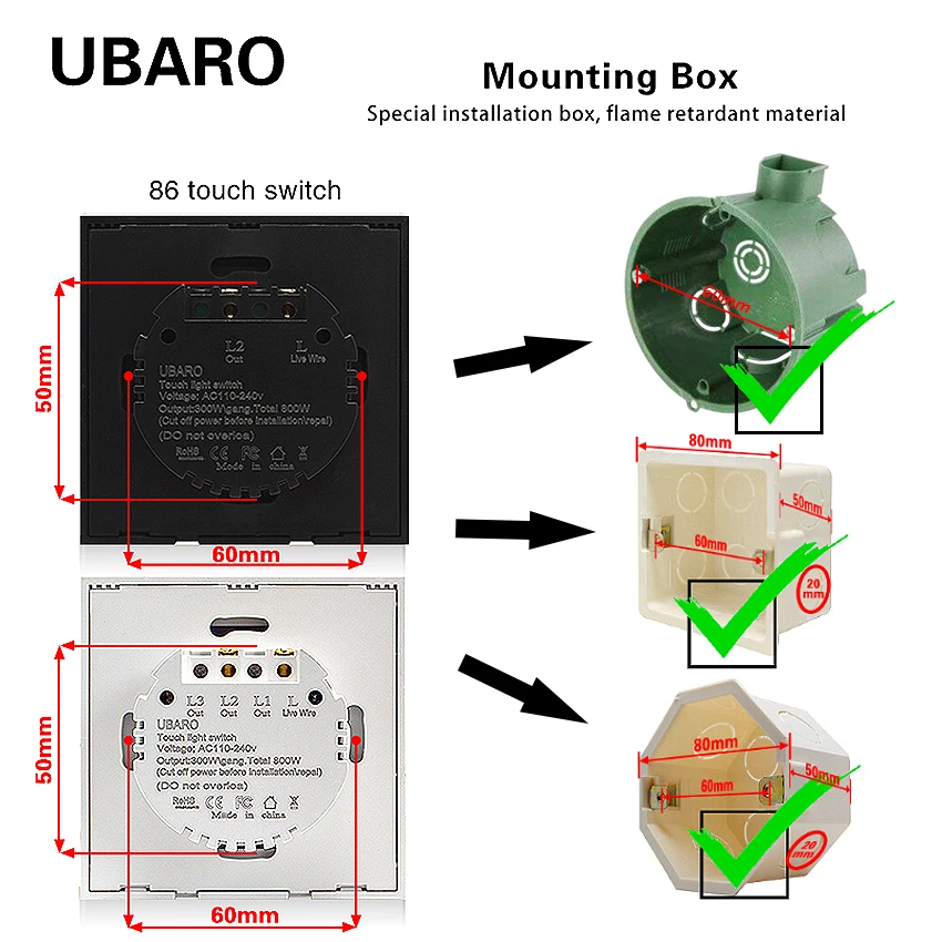 UBARO EU 433 RF Wireless Control Switch Luxury Crystal Glass Panel Wall Touch Sensor Stair Light Button Led Indicator 1/2/3 Gang bluetooth light switch