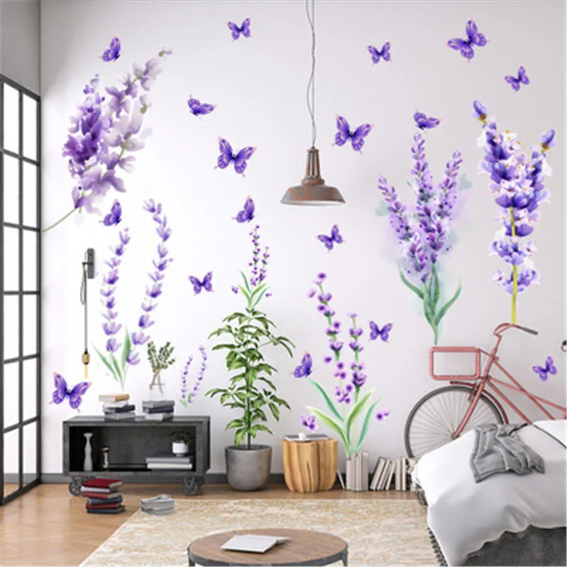 Purple Lavender Butterfly Wall Sticker Home Decor Living Room Romantic Flower Lavender Mural Art Wallpaper Bedroom Decor Muraux