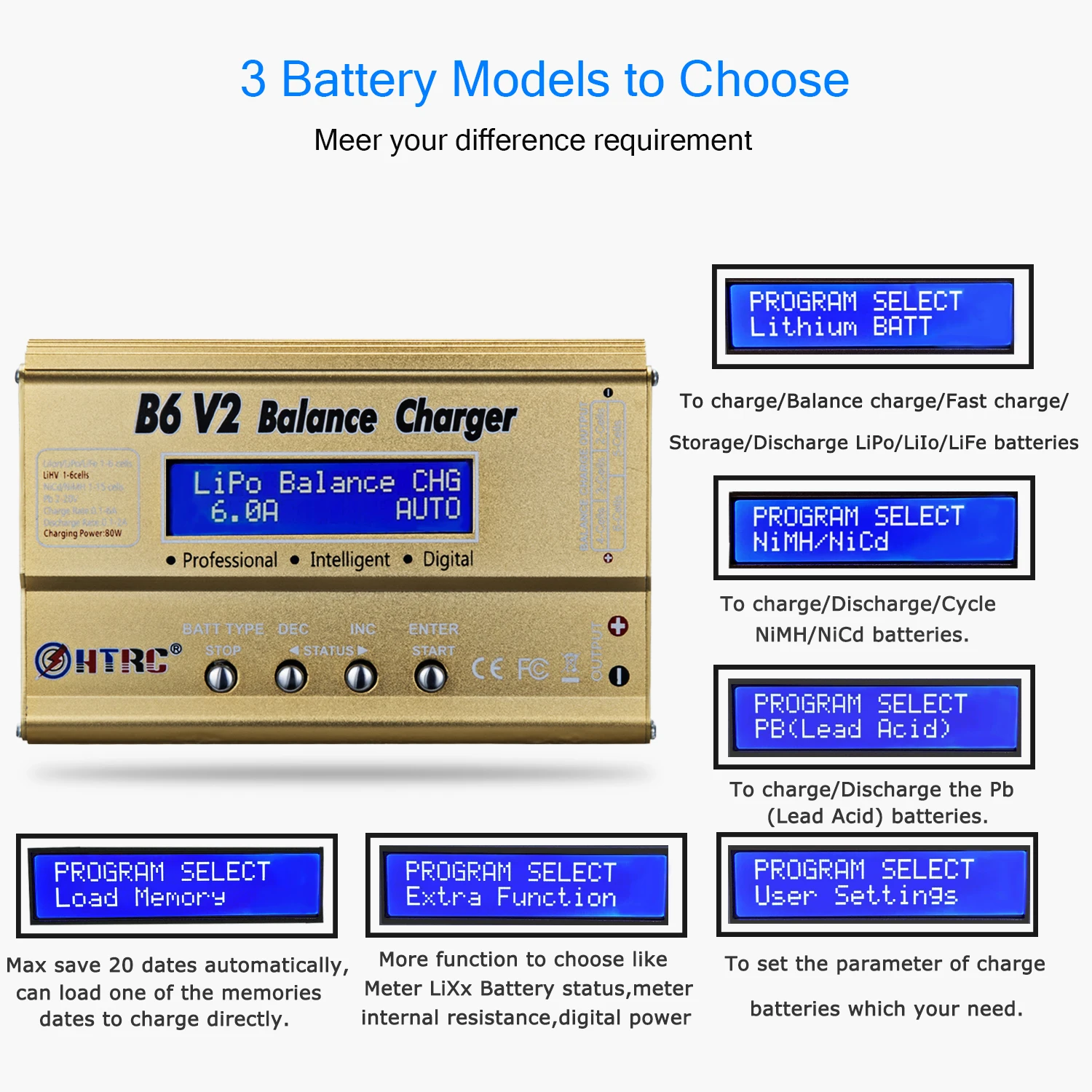 HTRC IMAX B6V2 Balance Charger 80W Professional Digital Lipo Discharger for Li-ion Lipo LiFe NiCd NiMH LiHV PB Battery