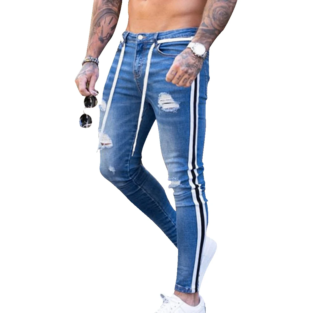 Laamei Trendy Men Skinny Jeans Biker Destroyed Frayed Fit Denim Ripped Denim Pants Side Stripe Pencil Pants Hip Hop Streetwear Laamei Trendy Men Skinny Jeans Biker Destroyed Frayed Fit Denim Ripped Denim Pants Side Stripe Pencil Pants Hip Hop Streetwear