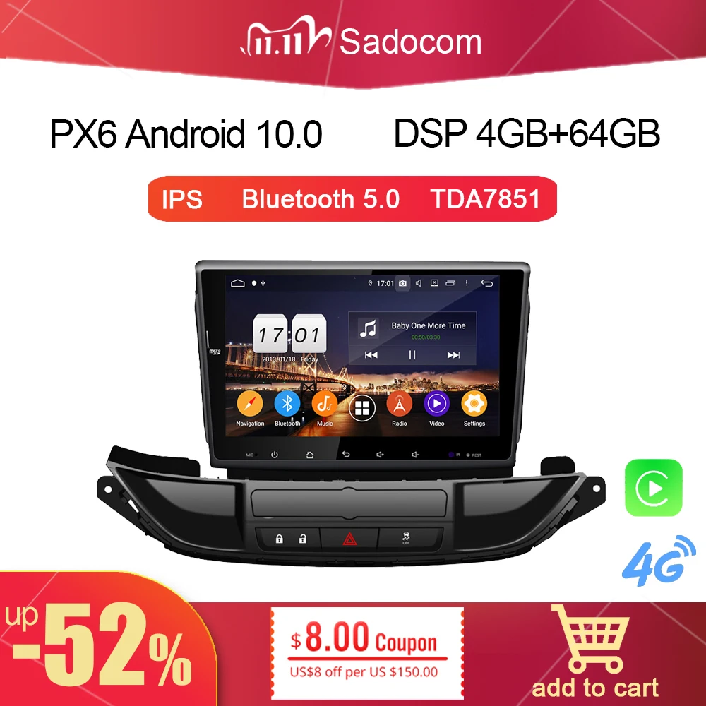 Автомобильный DVD-плеер, 9 дюймов, PX6, DSP, 2 din, Android 11,0, 8 ядер, 4 Гб + 64 ГБ, GPS, карта, RDS, Авторадио, Bluetooth 5,0 для Opel Astra J 2015, 2016, 2017