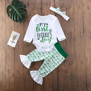 

My First St. Patrick's Day Newborn Toddler Baby Boy Girl Romper Letter Print Long Sleeve Tops+Pants Flare HeaddressSet