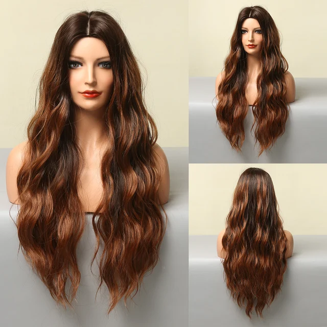 HENRY MARGU Dark Brown Wave Wigs Long Synthetic Wavy Natural Hair Temperature Wigs For Black/White Women Daily Cosplay Wigs LC025-1