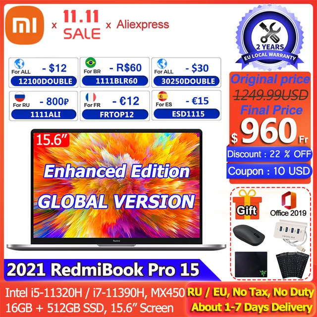 [Enhanced Edition] Xiaomi RedmiBook Pro 15 Laptop MX450 Intel i7-11390H/i5-11320H 16GB 512GB SSD 3.2K 90Hz Screen Mi Notebook PC 1