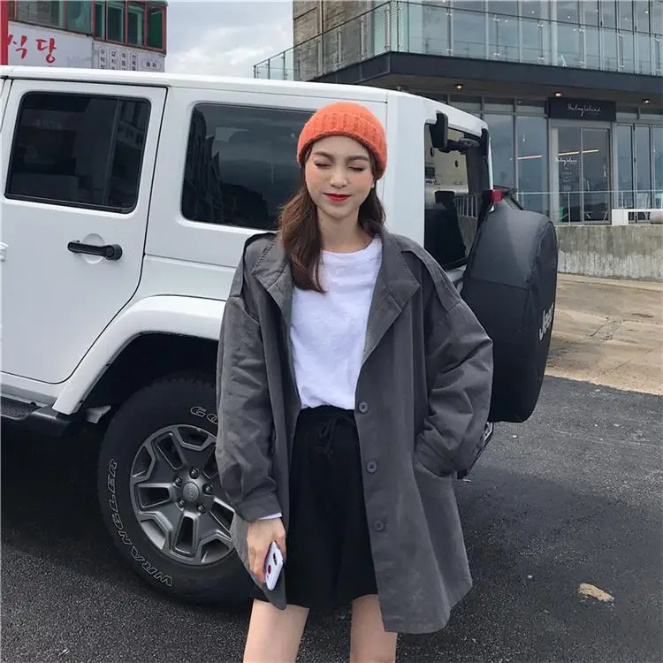 Grey Trench Тренч размера плюс для женщин, модная верхняя одежда, осенняя Корейская винтажная Повседневная Женская ветровка, пальто - Цвет: Grey Trench
