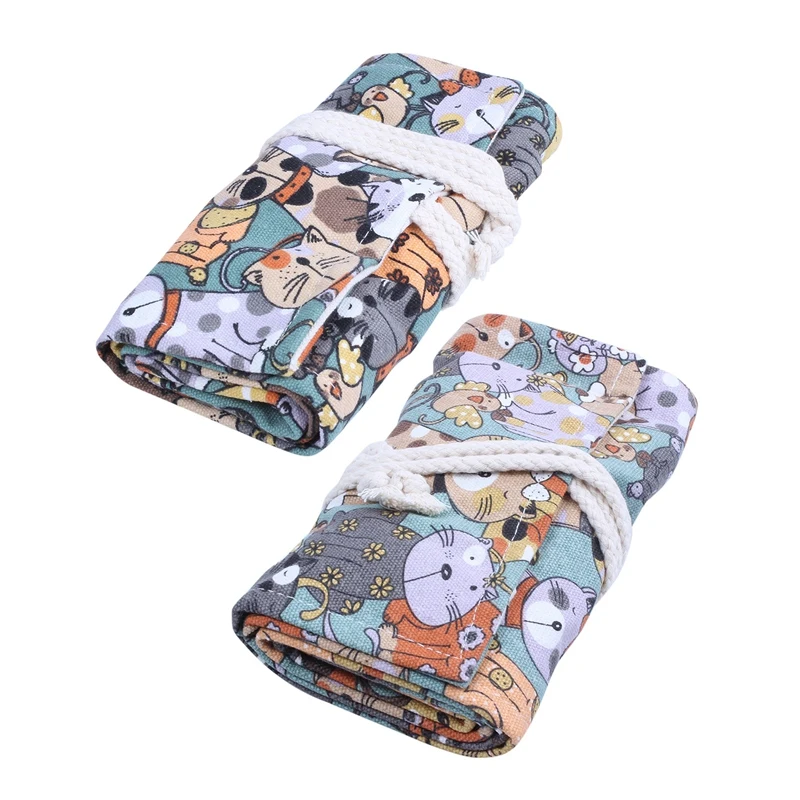 

2 Pcs Big Face Cat Cartoon Canvas Wrap Roll Up Pencil Case Pen Brush Bag, 72 Hole & 48 Hole