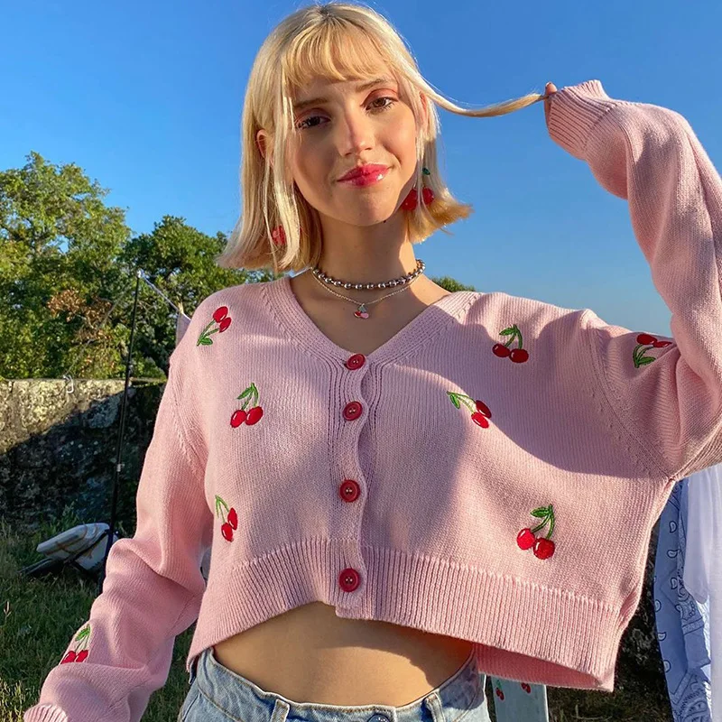 

Women Autumn Cherry Embroidery Crop Cardigan Sweaters Long Sleeve Knitted Loose Retro V-neck Jumpers Blouse Short Section