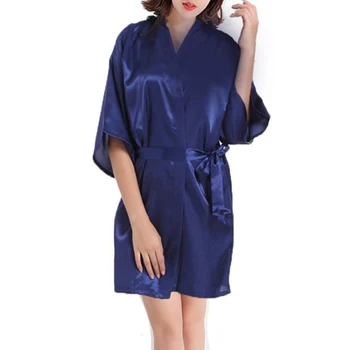 

2020 New Faux Silk Kimono Robe Bathrobe Women Bridesmaid Robes Sexy Bark Blue Robes Robe Ladies Dressing Gowns
