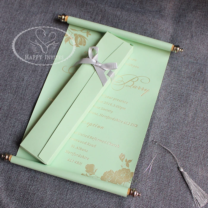 HI2051-26 Customized Light Green  Scroll Wedding Invitation with Champagne Wirting