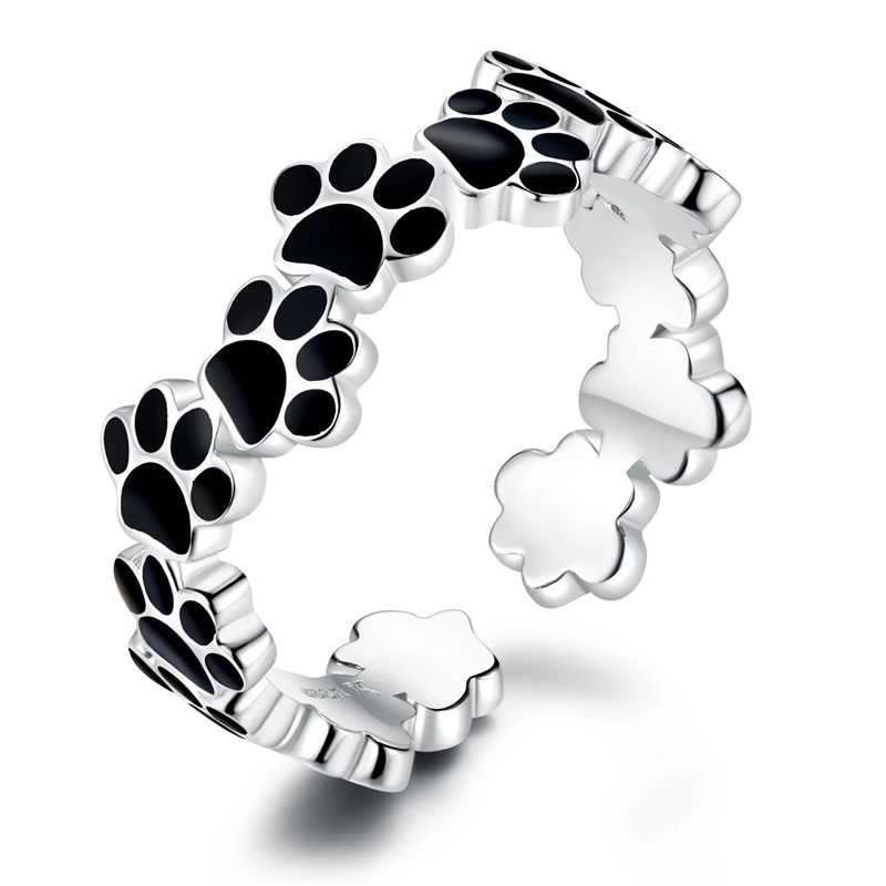 Voroco настоящий комплект ювелирных изделий из 925 пробы серебра с черной эмалью в виде собачьей лапы, серьги и кольцо для женщин, хорошее ювелирное изделие, юбилей ZBS163 - Цвет камня: BKR603