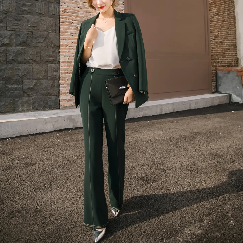 2 pieces set c Женский костюм размера плюс, осень, черный офисный женский костюм, пиджак, брюки, элегантный модный зеленый комплект из двух предметов, брючный костюм - Цвет: 2 pieces set c