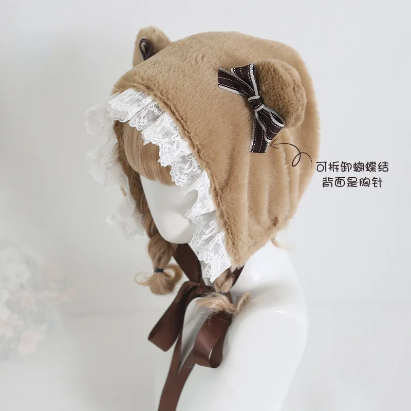 Sweet Cute Bear Ears Lolita Hats Autumn Winter Warm Lace Bow Plush Cap Women Girls Kawaii Rabbit Fur Ear Protection Hat Gifts