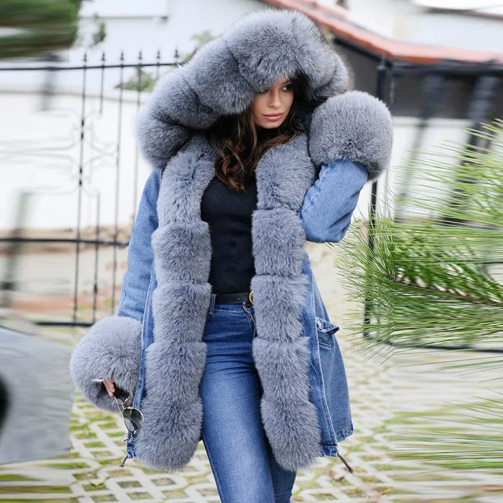 JAYCOSIN Женское пальто элегантное флисовое женское джинсовое зимнее с капюшоном плотное теплое рыбий хвост длинная куртка карман на молнии Верхняя одежда