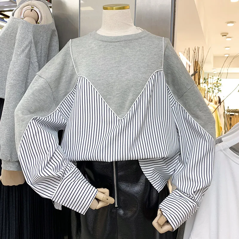 light gray Neploe полосатая Лоскутная Толстовка с длинным рукавом и О-образным вырезом Пуловер Топы размера плюс для женщин Осенняя Толстовка Джемпер 55330 - Цвет: light gray
