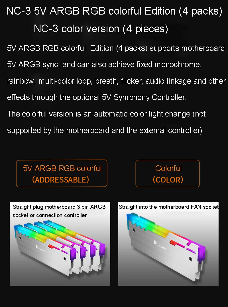 4 шт./лот JONSBO NC-3 5 в ARGB светящийся жилет с памятью радиатор 3 Pin rgb интерфейс аура светодиодный алюминиевый радиатор Настольный теплоотвод ОЗУ