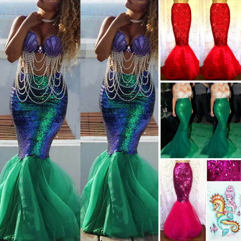 

Halloween Women Mermaid Tail Full Skirt Party Maxi Fancy Dress Cosplay Costume