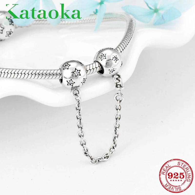 New 925 Sterling Silver Fashion glittering Star Safety chain CZ charms Beads Fit Original European Charm Bracelet Jewelry making | Украшения